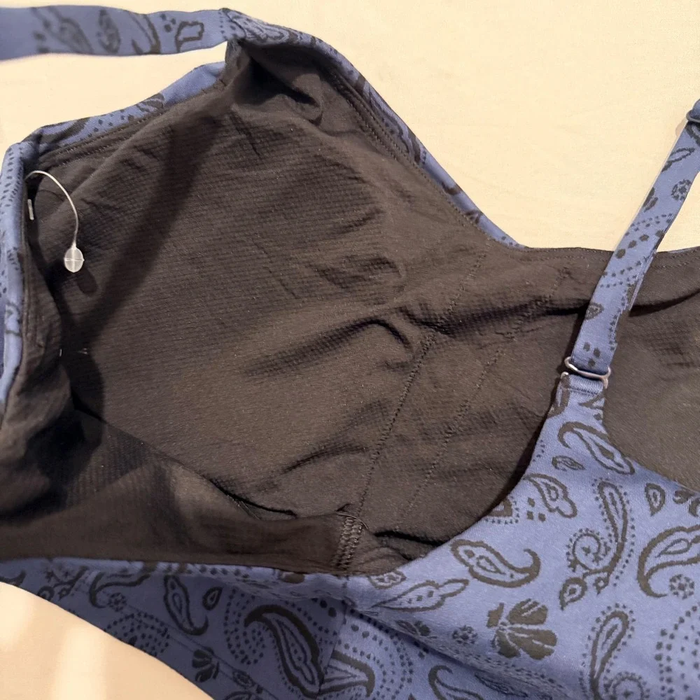 Athleta Elation Longline Bra Blue Paisley Powervita V-Neck Sports Bra Small